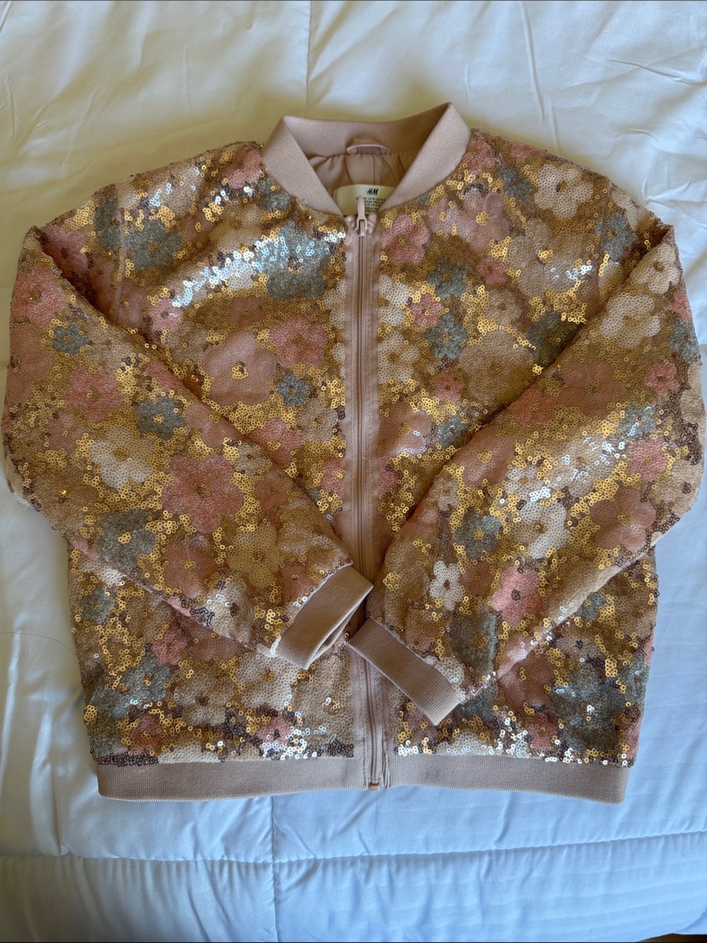 H&M Girls' Pink and Gold Sequin Floral Bomber Jacket